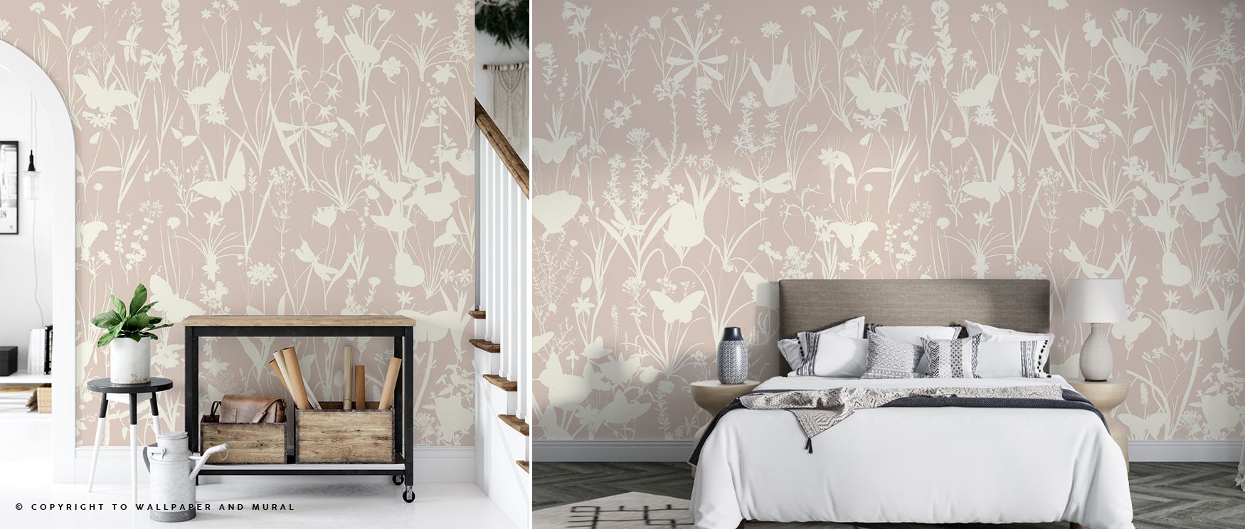 Herbals and Butterflies Double Silhouette Beige No Stain Wallpaper enriches interiors with beige silhouettes painted in rhythmic compositions of herbs and butterflies. Bedrooms, living rooms, or bathrooms glow with refined charm, enriched by timeless sere