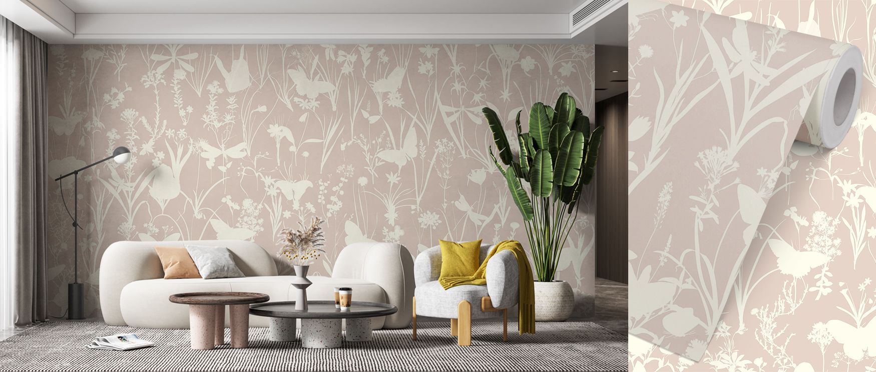 Herbals and Butterflies Double Silhouette Beige No Stain Wallpaper enhances spaces with soft beige tones painted across silhouettes that reflect butterfly and herbal detail. Bathrooms, living rooms, or bedrooms glow with luminous calm, enriched by refined