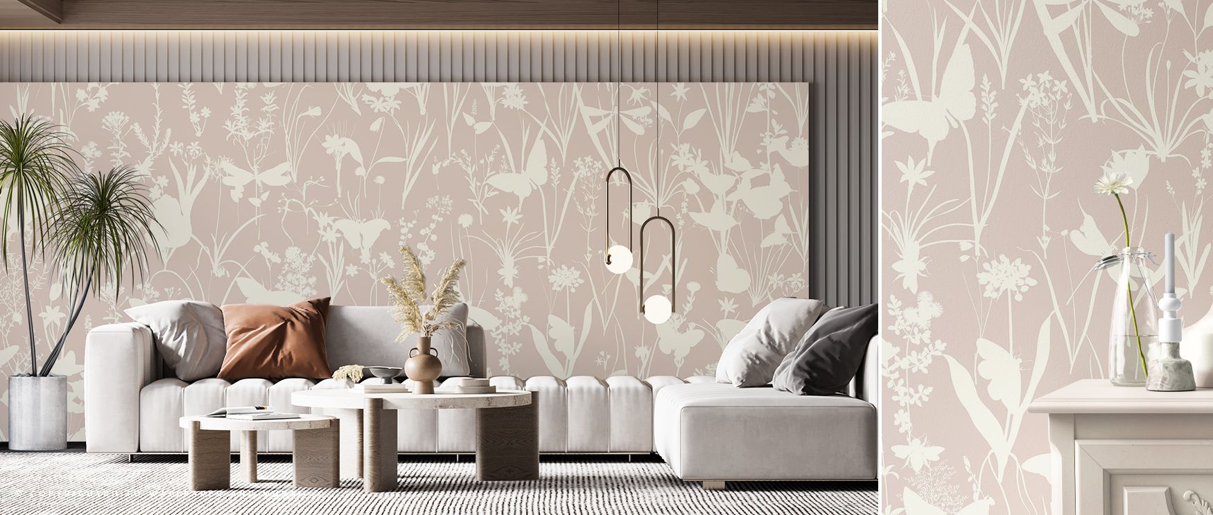 Herbals and Butterflies Double Silhouette Beige No Stain Wallpaper spreads luminous artistry with soft beige silhouettes painted in harmony across herbal and butterfly forms. Bedrooms, bathrooms, or living rooms glow with serene brilliance, enriched by re
