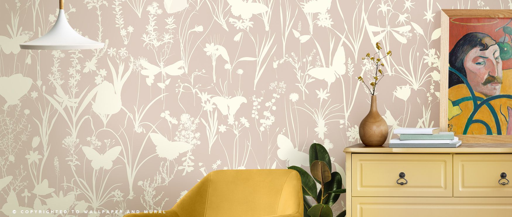 Herbals and Butterflies Double Silhouette Beige No Stain Wallpaper reflects serene charm with beige silhouettes layered in rhythmic detail painted with balance. Living rooms, bedrooms, or bathrooms glow with refined artistry, enriched by natural brillianc