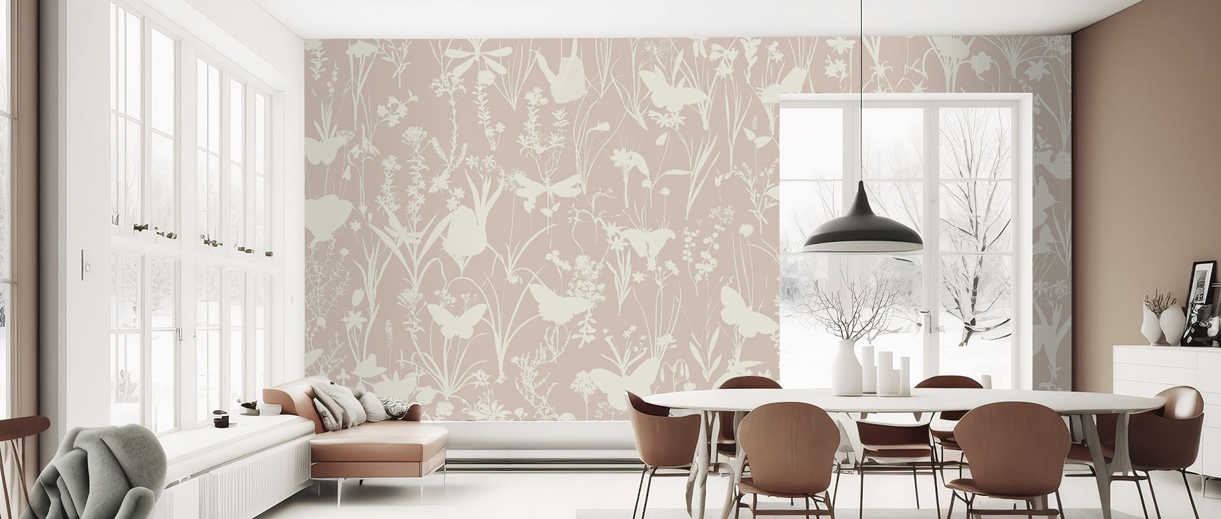Herbals and Butterflies Double Silhouette Beige No Stain Wallpaper delivers natural calm through silhouettes painted in beige tones arranged in rhythmic harmony. Bedrooms, bathrooms, or living rooms glow with refined charm, enriched by timeless brilliance