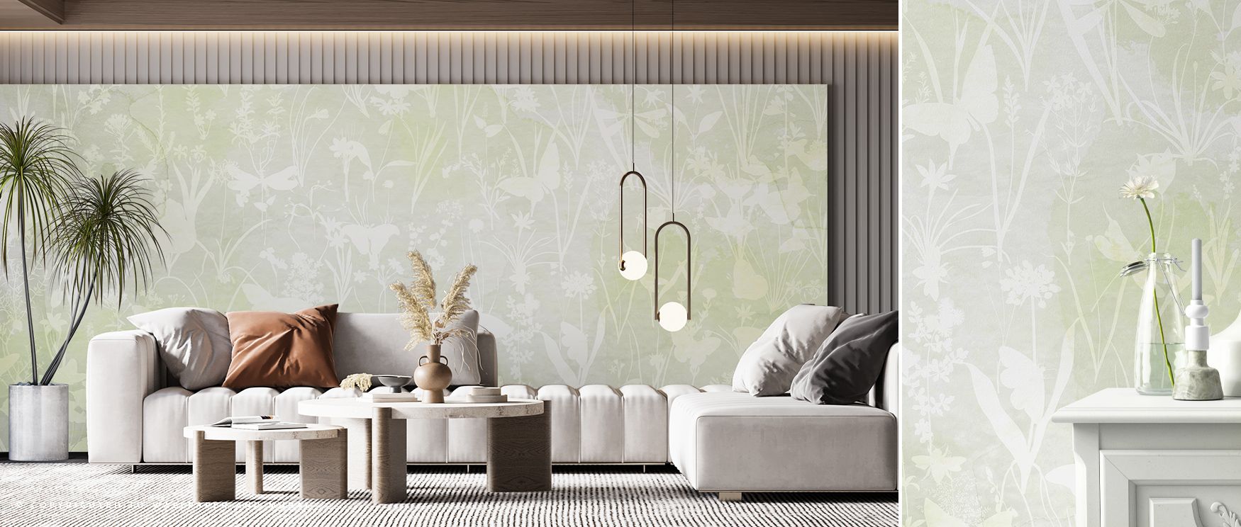 Herbals and Butterflies Double Silhouette Spring Green Wallpaper delivers seasonal artistry with silhouettes shaded in meadow and spring greens arranged across rhythmic compositions. Bedrooms, living rooms, or bathrooms glow with luminous charm, enriched 