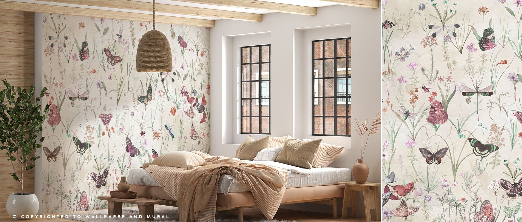 Herbals and Butterflies Wallpaper enhances interiors with herbal motifs shaded in muted tones painted in rhythmic compositions that reflect natural beauty. Bedrooms, living rooms, or bathrooms glow with refined calm, enriched by luminous charm, timeless a