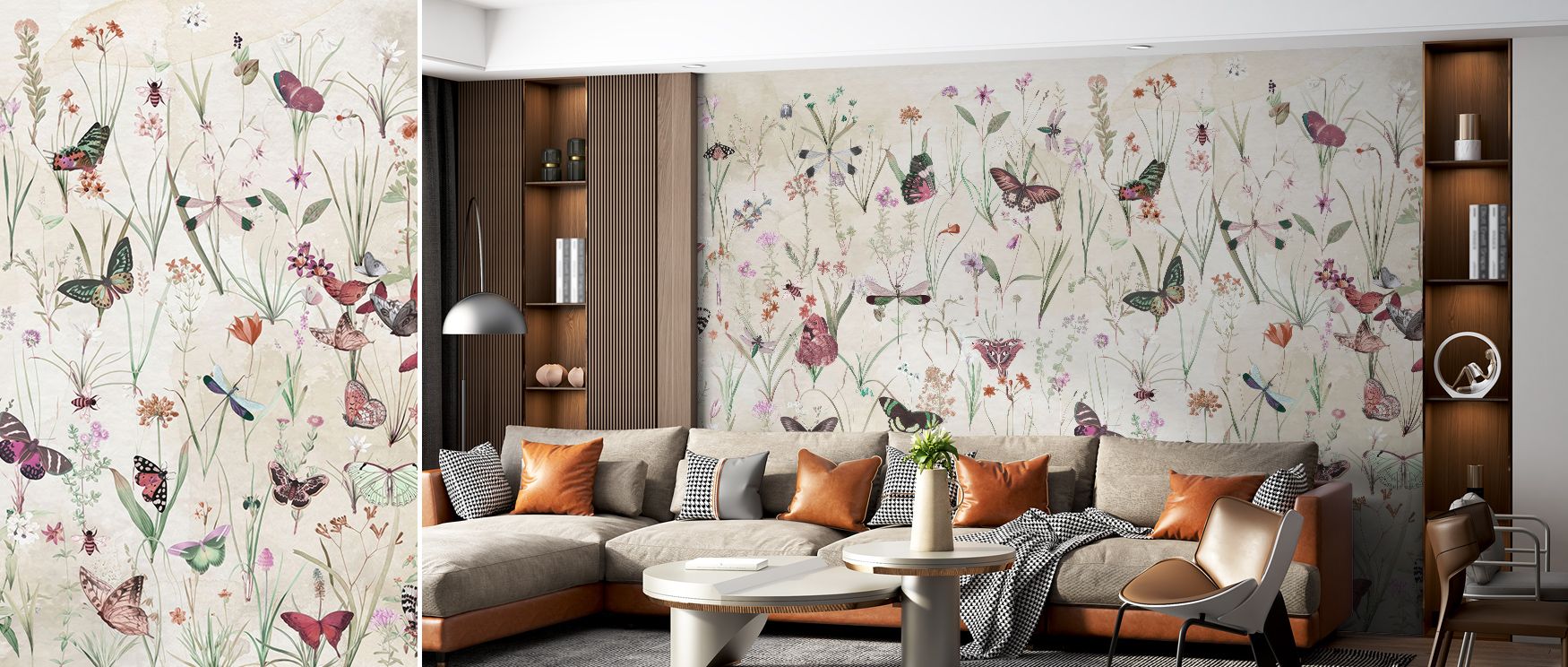 Herbals and Butterflies Wallpaper reflects charm with silhouettes painted in muted natural hues shaded with rhythm across compositions of grace. Bedrooms, living rooms, or bathrooms glow with luminous brilliance, enriched by refined serenity, timeless ele
