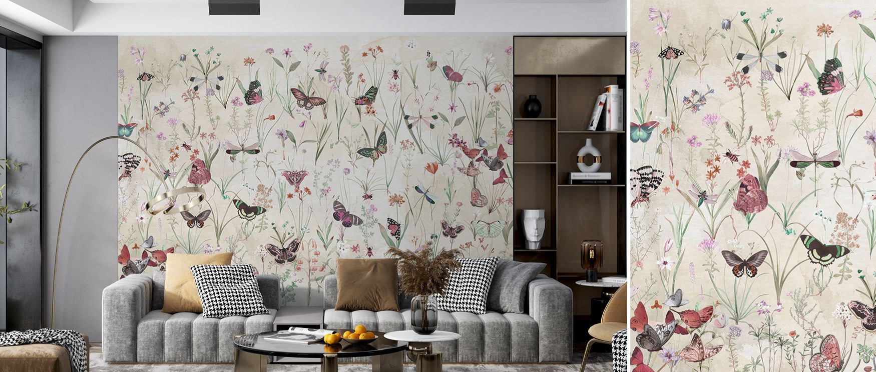 Herbals and Butterflies Wallpaper surrounds interiors with luminous calm painted in herbal and butterfly silhouettes shaded in soft tones arranged in balance. Living rooms, bedrooms, or bathrooms glow with refined brilliance, enriched by timeless charm, s