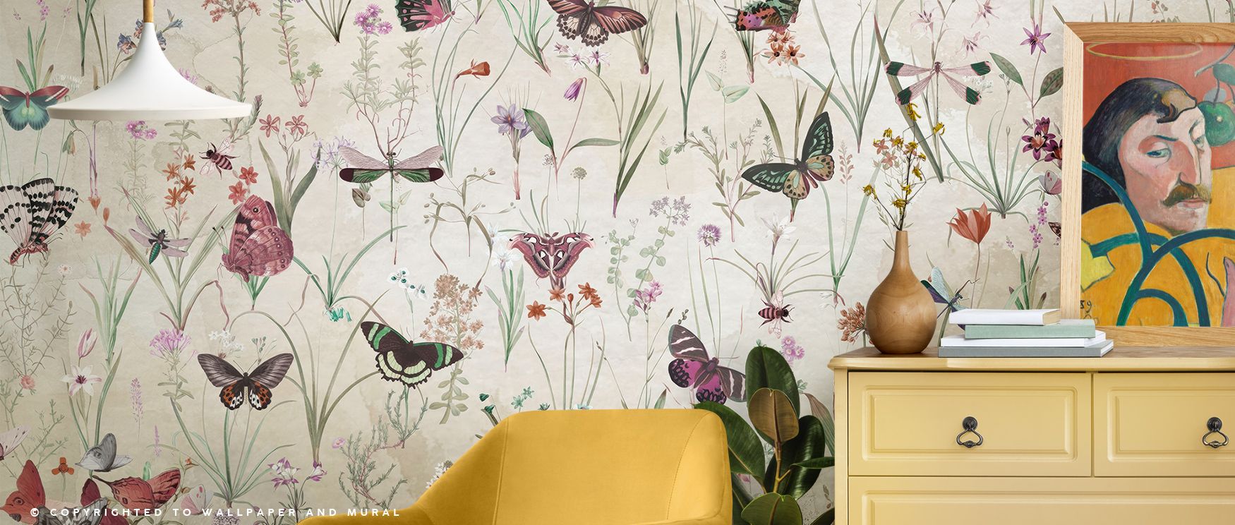 Herbals and Butterflies Wallpaper highlights delicate artistry with silhouettes shaded in natural tones painted in rhythmic harmony across surfaces. Bathrooms, bedrooms, or living rooms glow with refined brilliance, enriched by luminous calm, serenity, an