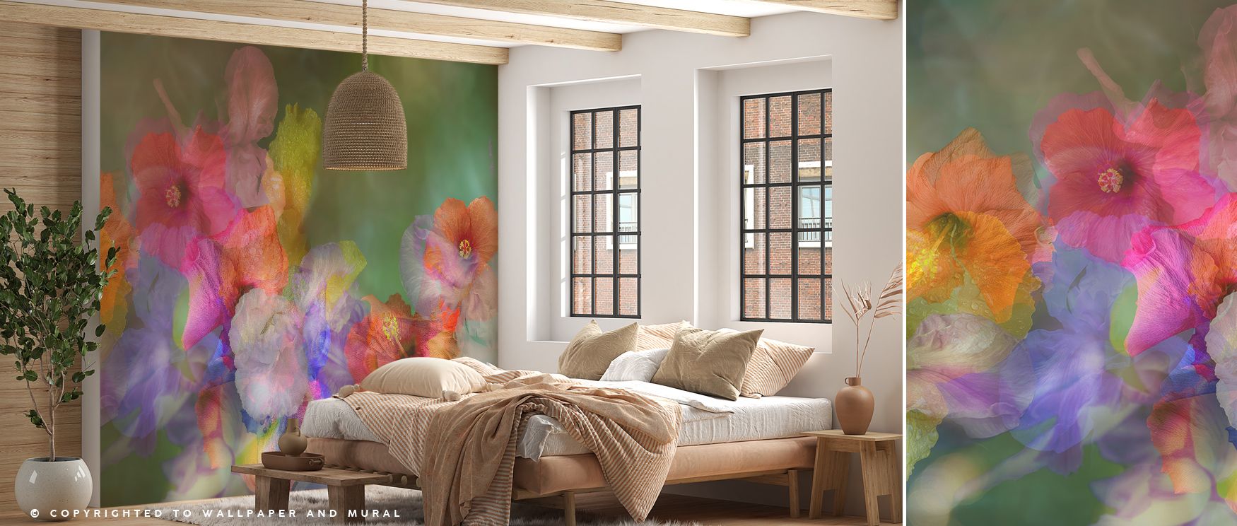 Hibiscus Dream Wallpaper enriches interiors with blossoms shaded in radiant tones of coral, pink, and green painted with layered brilliance. Bedrooms, bathrooms, or living rooms glow with luminous charm, enriched by serenity, refined artistry, and balance