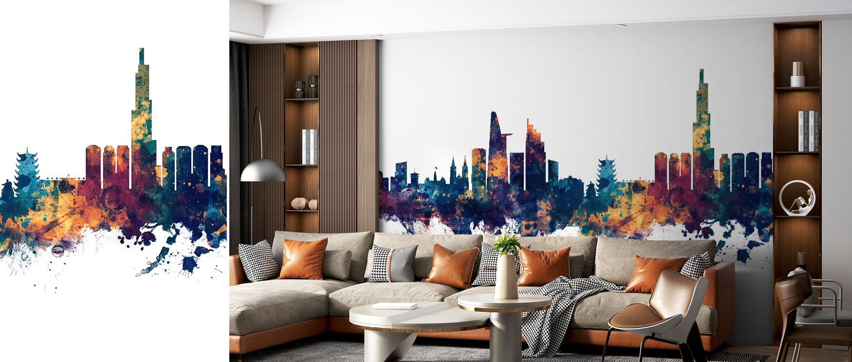 Ho Chi Minh City Vietnam Skyline Blue & Bronze Wallpaper reflects luminous brilliance with cityscape motifs painted in cobalt and bronze layers. Offices, living rooms, or bedrooms glow with refined presence, enriched by metropolitan elegance, architectura