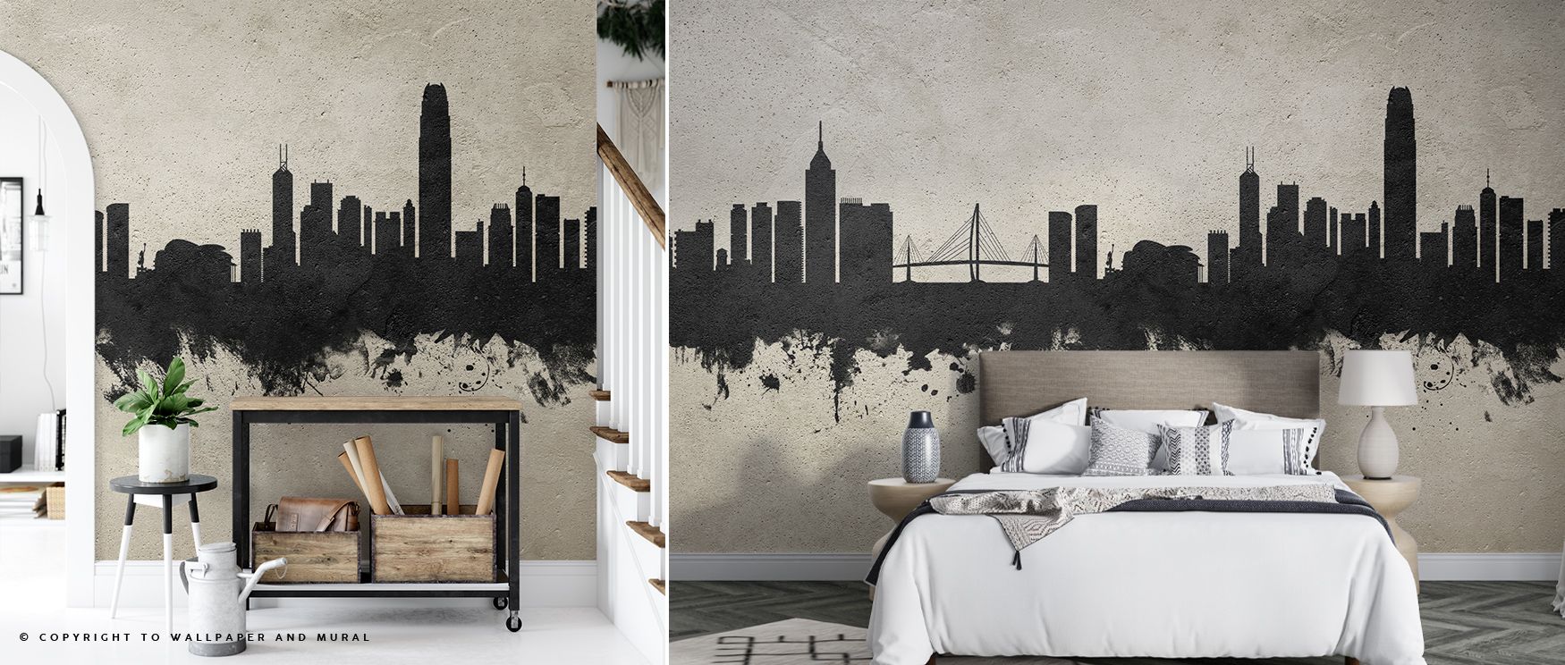 Hong Kong Skyline Concrete Wallpaper highlights metropolitan presence with silhouettes shaded in gray and charcoal layered in rhythmic artistry. Offices, bedrooms, or living rooms glow with refined brilliance, enriched by urban calm, luminous charm, and r