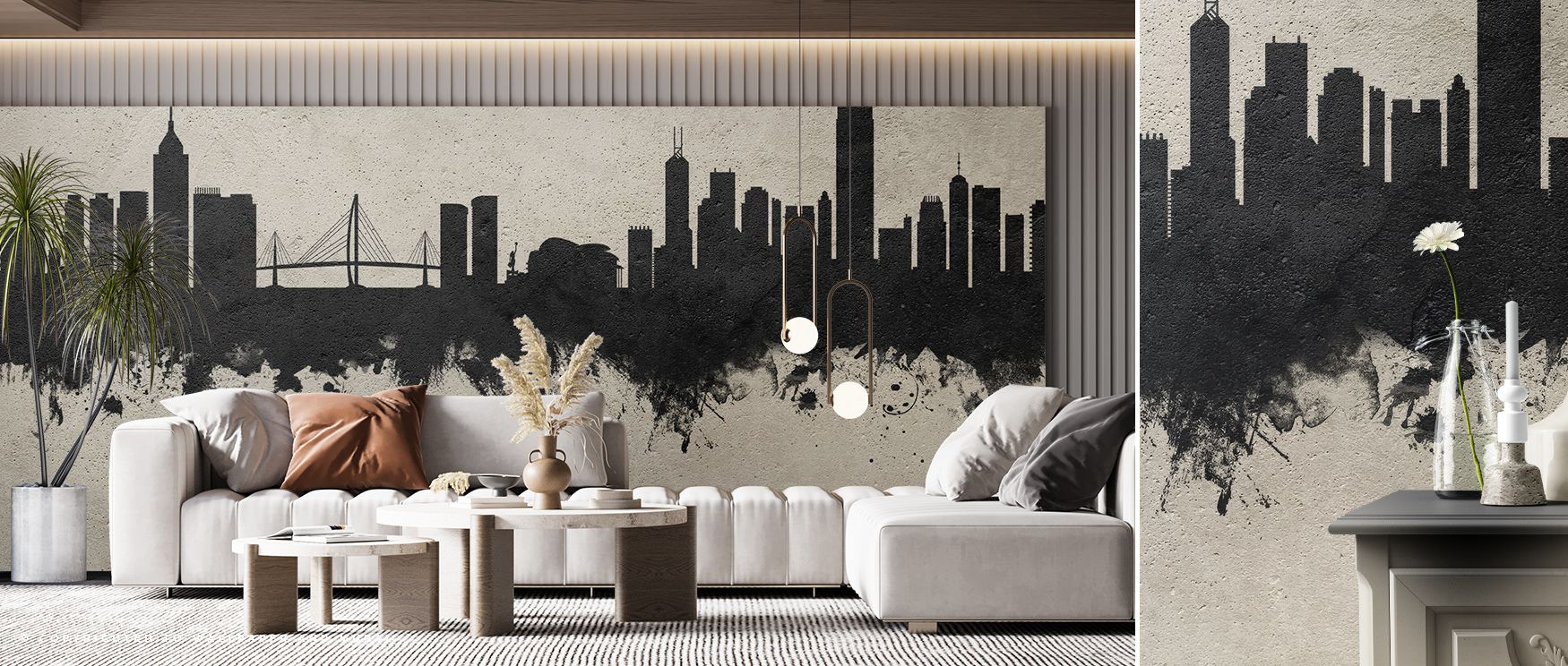 Hong Kong Skyline Concrete Wallpaper carries architectural artistry with silhouettes shaded in raw gray and charcoal painted across surfaces. Offices, bedrooms, or living rooms glow with refined brilliance, enriched by urban strength, metropolitan calm, a