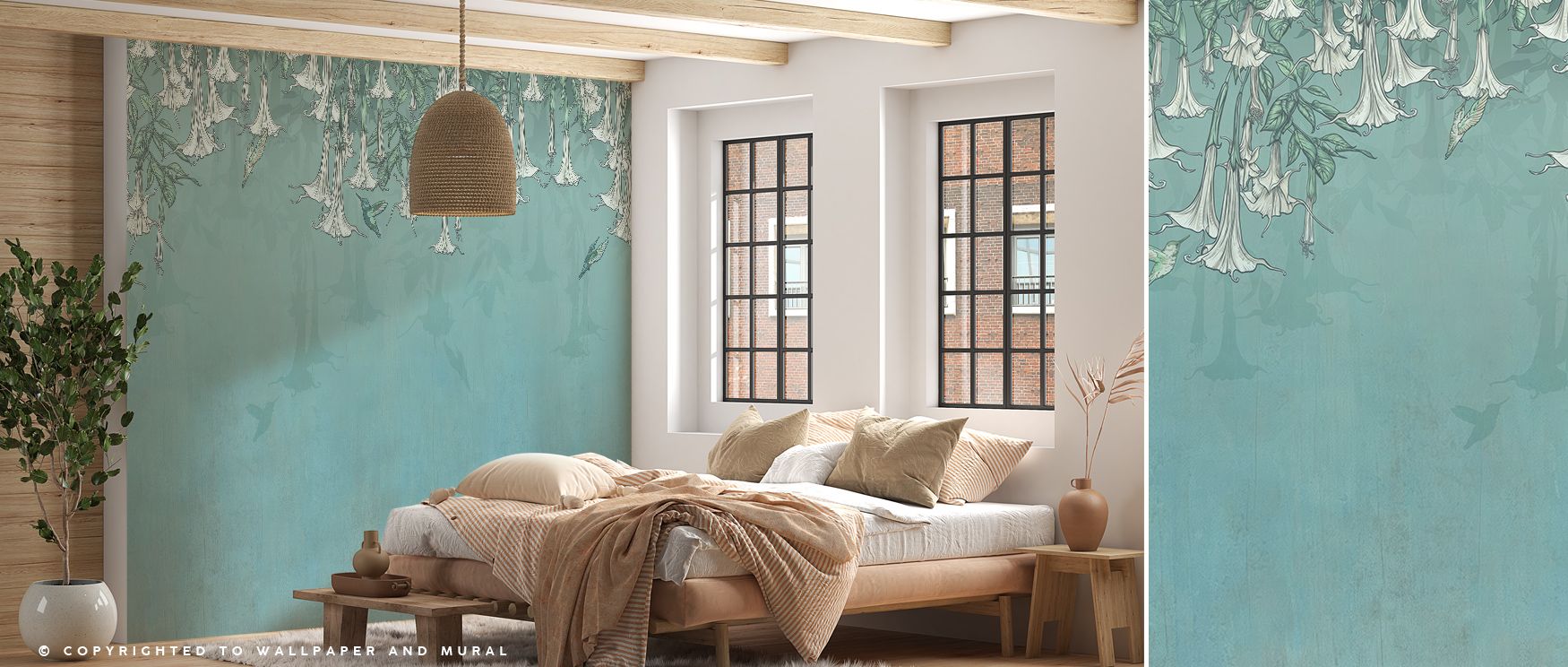 Hummingbirds and Trumpets Green Wallpaper enhances interiors with blossoms shaded in vivid tones layered against greenery arranged with luminous balance. Living rooms, bedrooms, or kitchens glow with serene presence, enriched by natural brilliance, refine