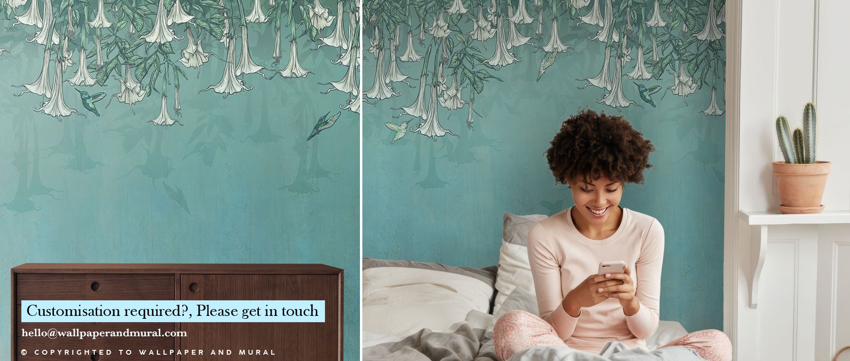 Hummingbirds and Trumpets Green Wallpaper enriches spaces with blossoms shaded in coral, red, and pink tones layered with rhythmic detail. Kitchens, bedrooms, or living rooms glow with luminous brilliance, enriched by natural charm, serenity, and tropical