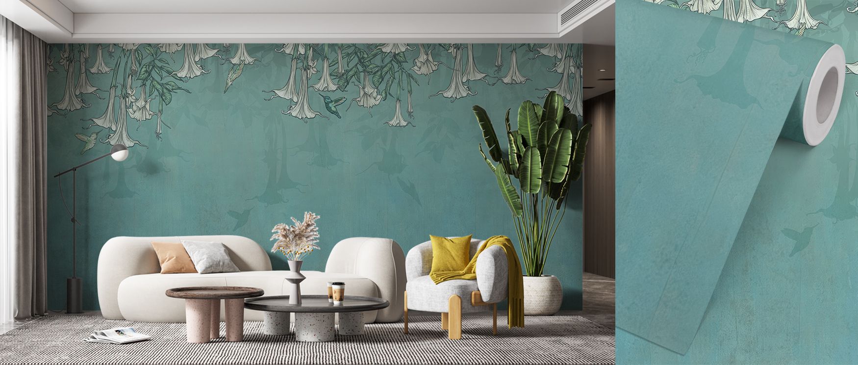 Hummingbirds and Trumpets Green Wallpaper spreads brilliance with blossoms shaded in coral and pink tones painted against greenery. Living rooms, kitchens, or bedrooms glow with refined charm, enriched by natural presence, luminous artistry, and serenity,