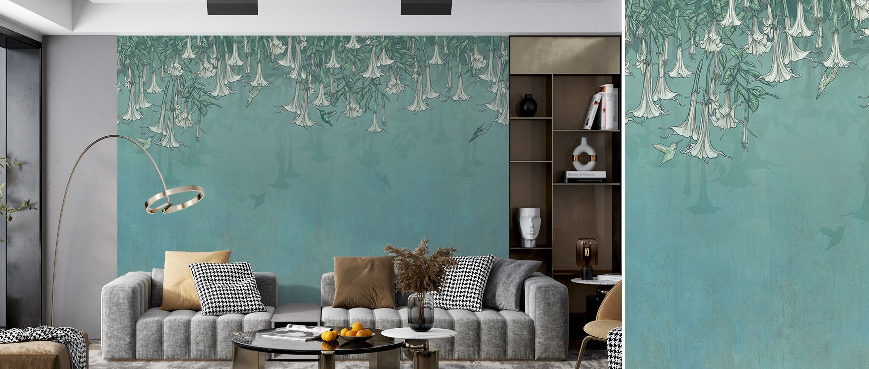 Hummingbirds and Trumpets Green Wallpaper surrounds interiors with floral brilliance painted in blossoms shaded in radiant tones layered against greenery. Living rooms, kitchens, or bedrooms glow with luminous charm, enriched by natural elegance, tropical