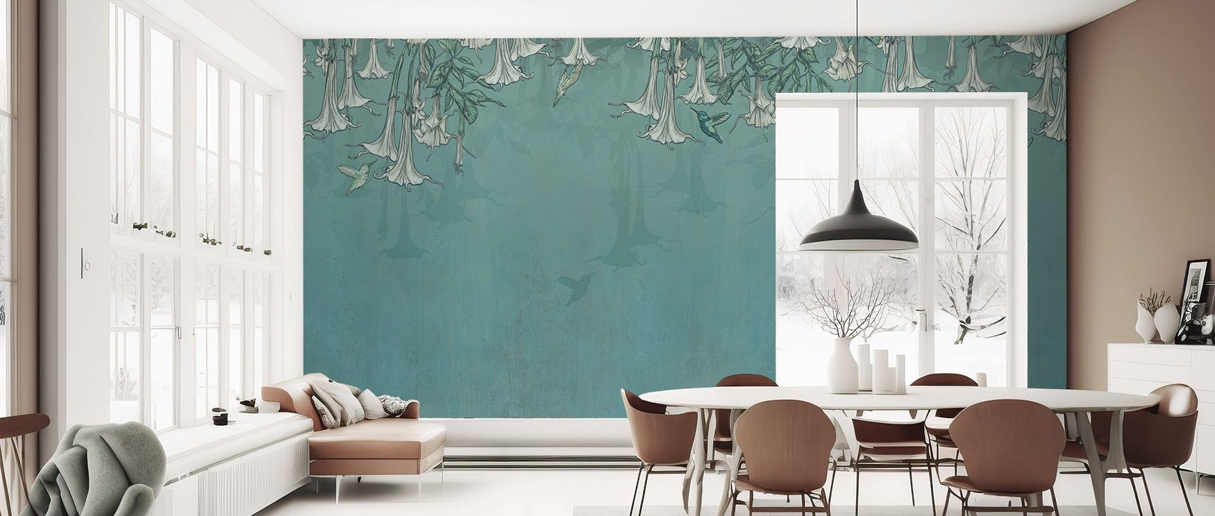 Hummingbirds and Trumpets Green Wallpaper delivers tropical calm with blossoms shaded in coral tones arranged against greenery in rhythmic layers. Bedrooms, kitchens, or living rooms glow with luminous brilliance, enriched by vibrancy, refined artistry, a