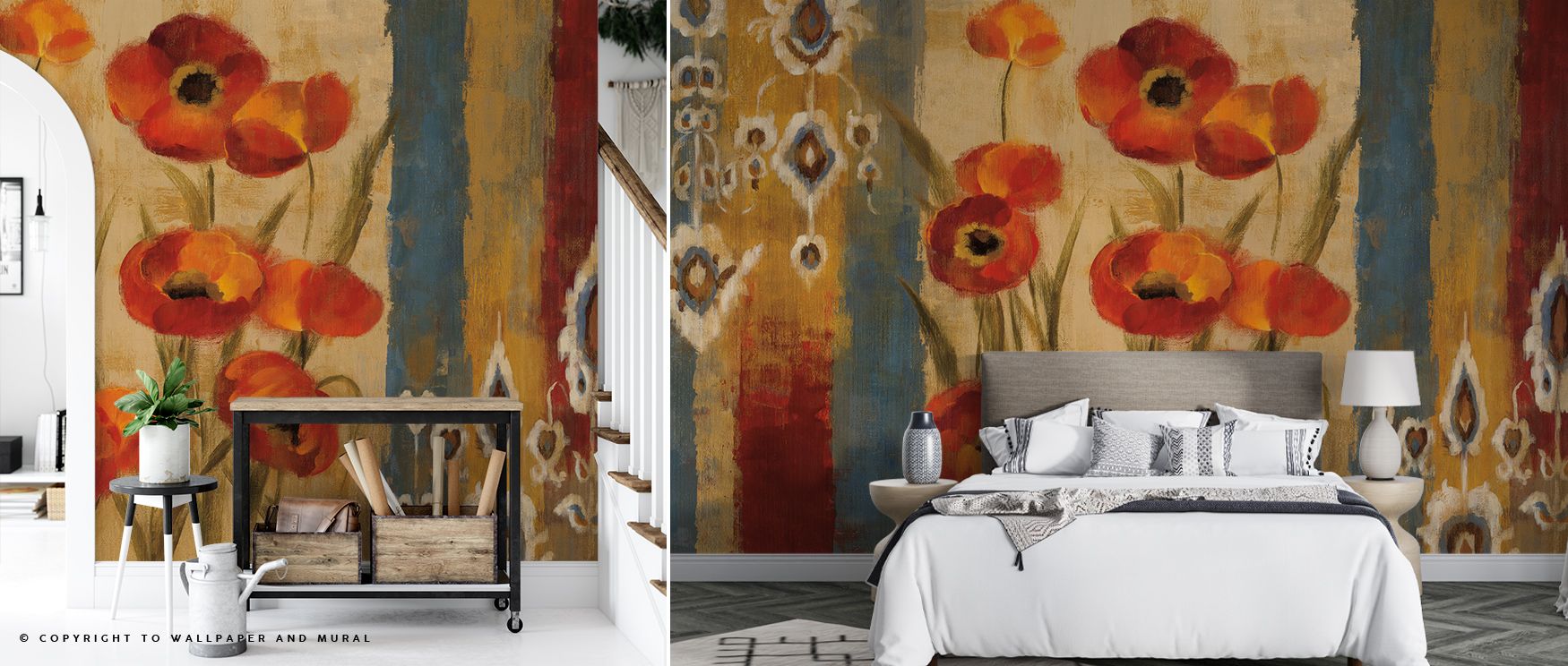 Ikat Floral Tapestry Wallpaper enriches walls with motifs shaded in teal, crimson, and amber tones painted across rhythmic detail that radiates presence. Dining rooms, living rooms, or bedrooms glow with refined brilliance, enriched by luminous calm, cult