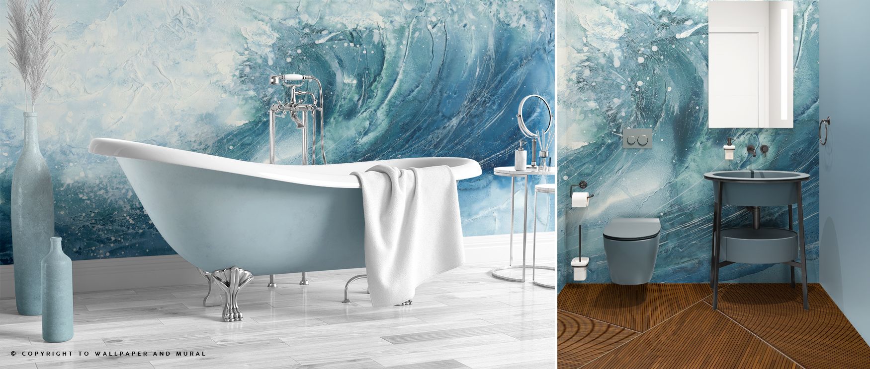 In The Curl I Wallpaper enhances interiors with flowing forms shaded in indigo and teal tones painted in rhythmic compositions of energy. Living rooms, offices, or bedrooms glow with luminous brilliance, enriched by modern charm, refined calm, and contemp