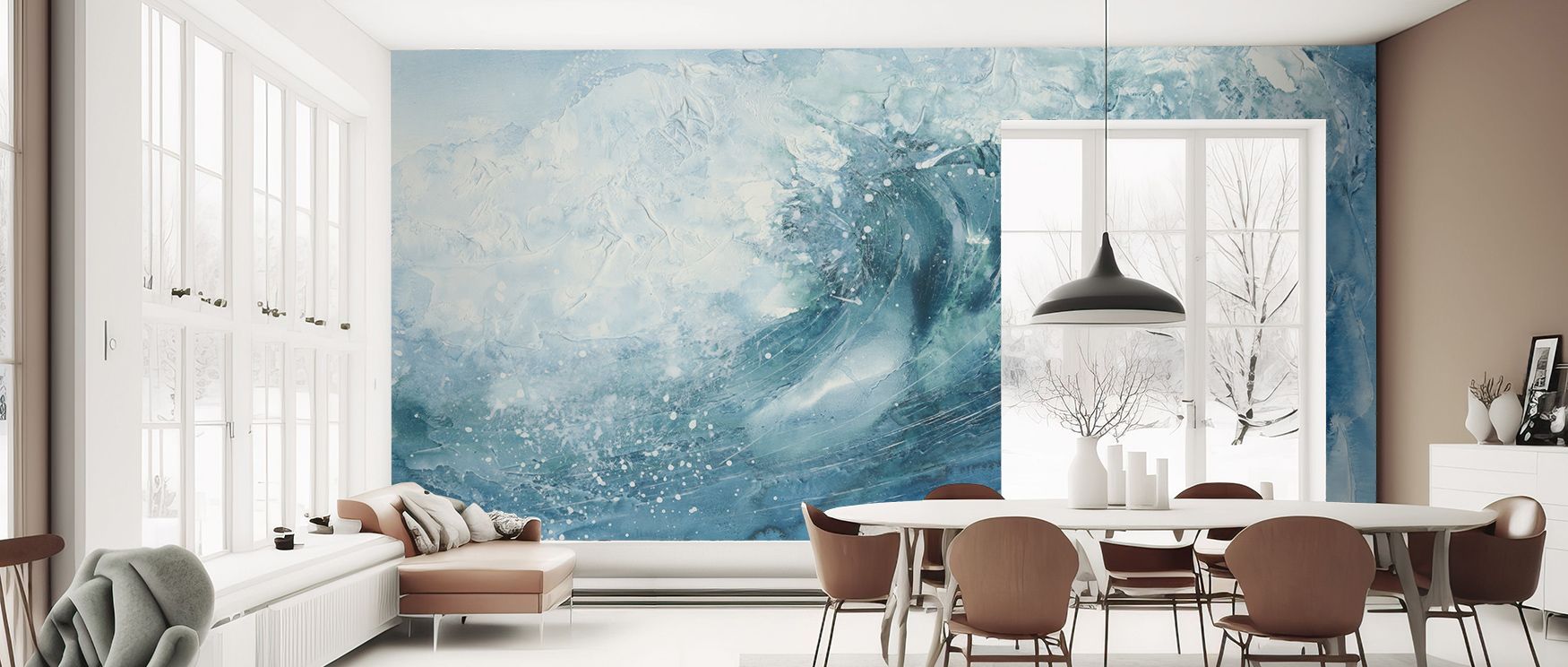 In The Curl I Wallpaper surrounds interiors with modern charm painted in indigo, teal, and coral flowing across rhythmic compositions. Living rooms, offices, or bedrooms glow with refined calm, enriched by luminous presence, vibrancy, and artistry, interi