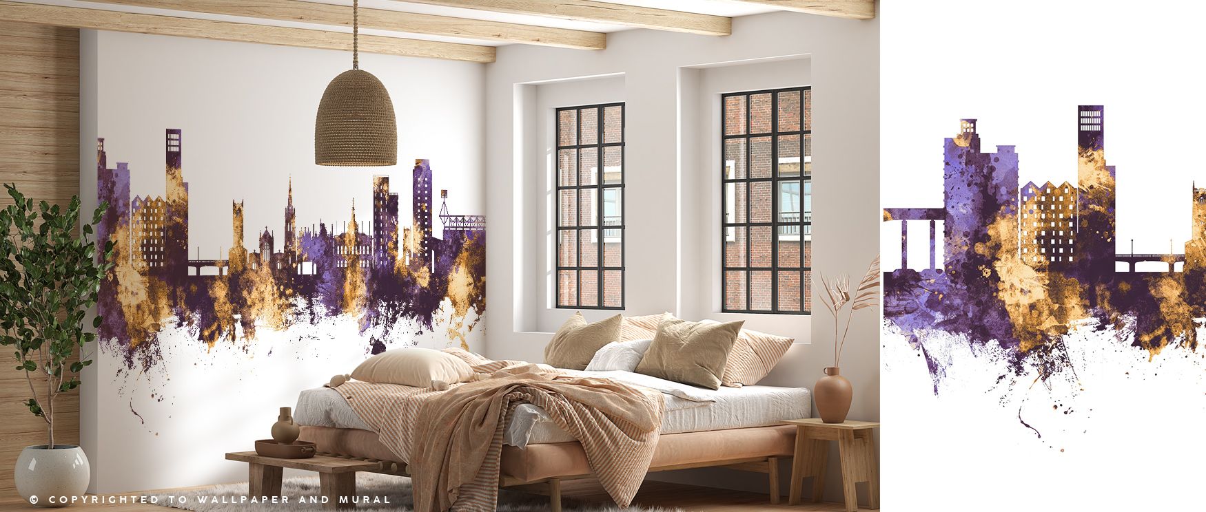 Ipswich England Skyline Purple & Gold Wallpaper enhances interiors with skyline shaded in golden hues layered against deep purple tones painted with rhythm. Living rooms, offices, or bedrooms glow with refined brilliance, enriched by metropolitan presence