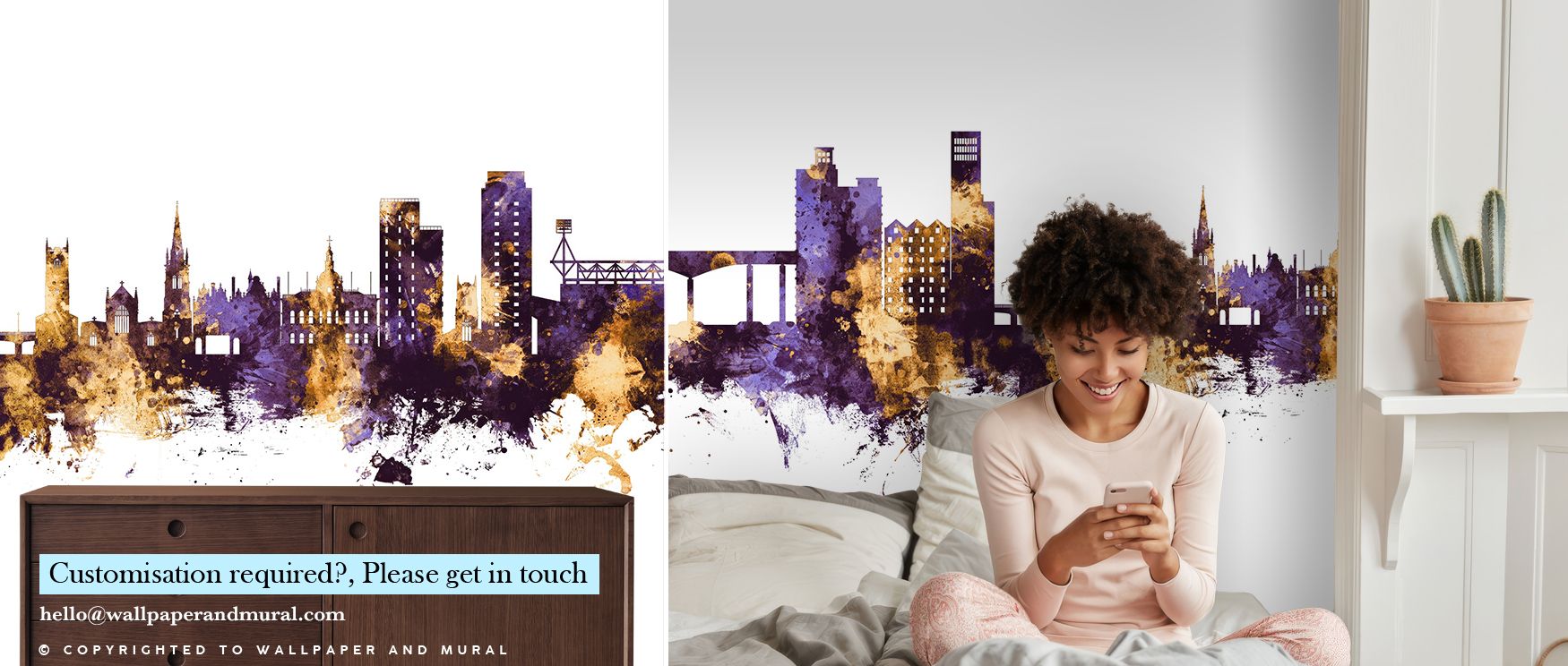 Ipswich England Skyline Purple & Gold Wallpaper enriches walls with silhouettes shaded in radiant purple and gold painted in layered brilliance. Offices, bedrooms, or living rooms glow with refined calm, enriched by architectural charm, luminous artistry,