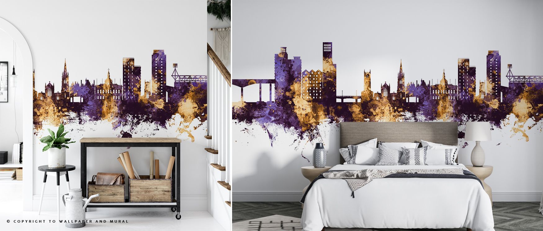 Ipswich England Skyline Purple & Gold Wallpaper spreads metropolitan presence with silhouettes shaded in purple and gold layered across rhythmic compositions. Living rooms, bedrooms, or offices glow with refined brilliance, enriched by luminous calm, arch