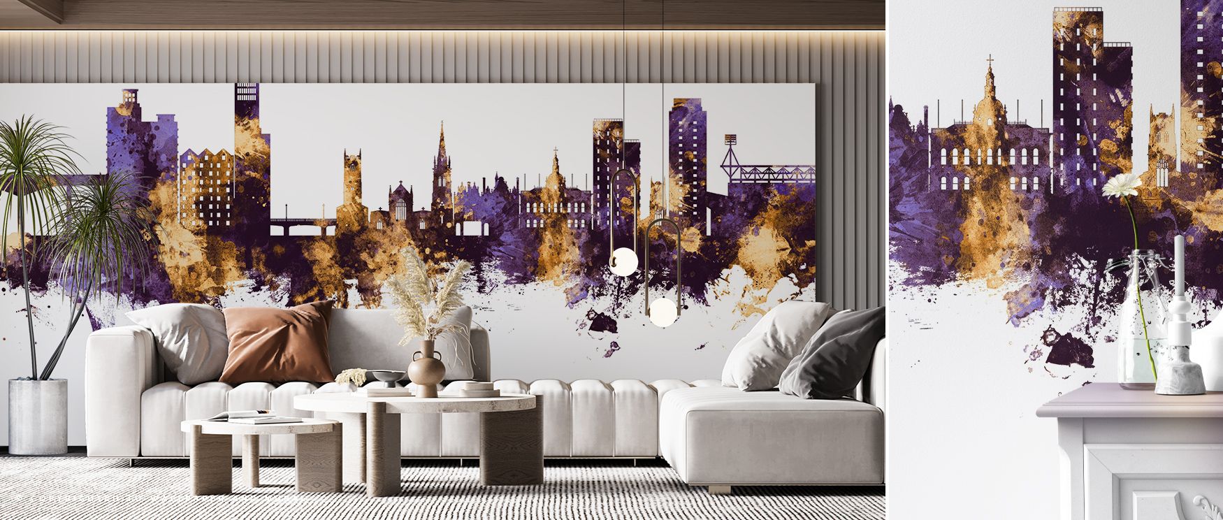 Ipswich England Skyline Purple & Gold Wallpaper highlights luminous artistry with silhouettes shaded in purple and gold painted with layered rhythm. Offices, living rooms, or bedrooms glow with refined brilliance, enriched by metropolitan charm, luminous 