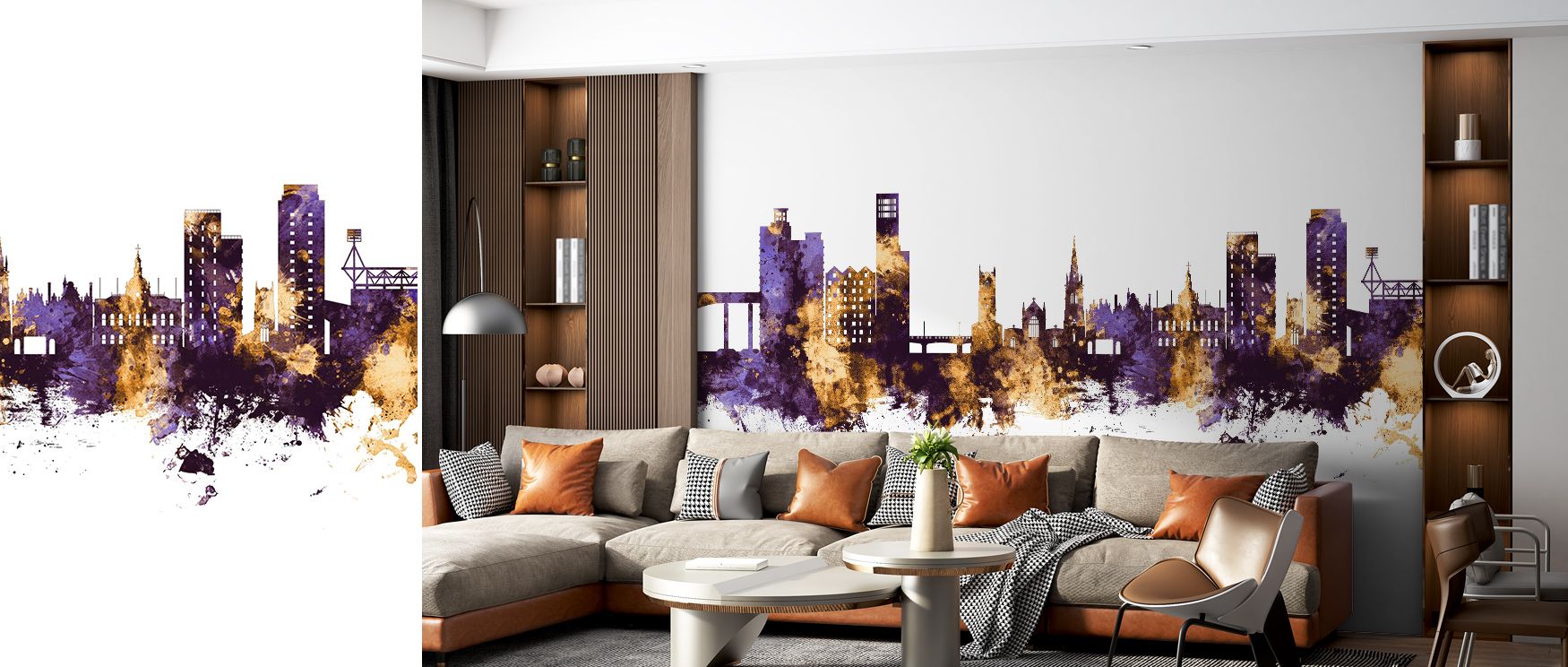 Ipswich England Skyline Purple & Gold Wallpaper reflects metropolitan charm with cityscape motifs shaded in purple and gold layered across rhythmic artistry. Living rooms, bedrooms, or offices glow with refined calm, enriched by luminous brilliance, archi