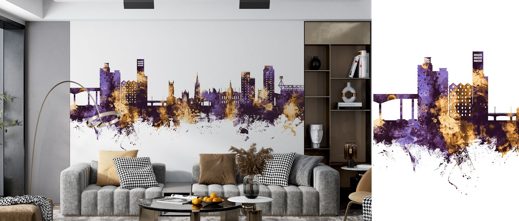 Ipswich England Skyline Purple & Gold Wallpaper surrounds interiors with architectural brilliance shaded in purple and gold painted in rhythmic layers. Offices, bedrooms, or living rooms glow with refined brilliance, enriched by metropolitan calm, luminou