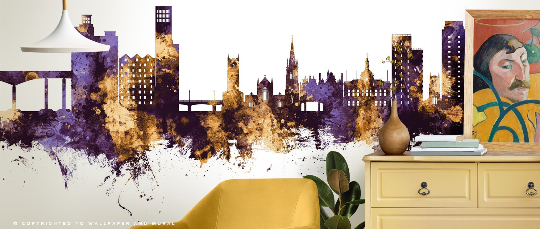 Ipswich England Skyline Purple & Gold Wallpaper delivers luminous calm with silhouettes shaded in golden and purple tones layered across balanced compositions. Bedrooms, living rooms, or offices glow with refined charm, enriched by metropolitan artistry, 