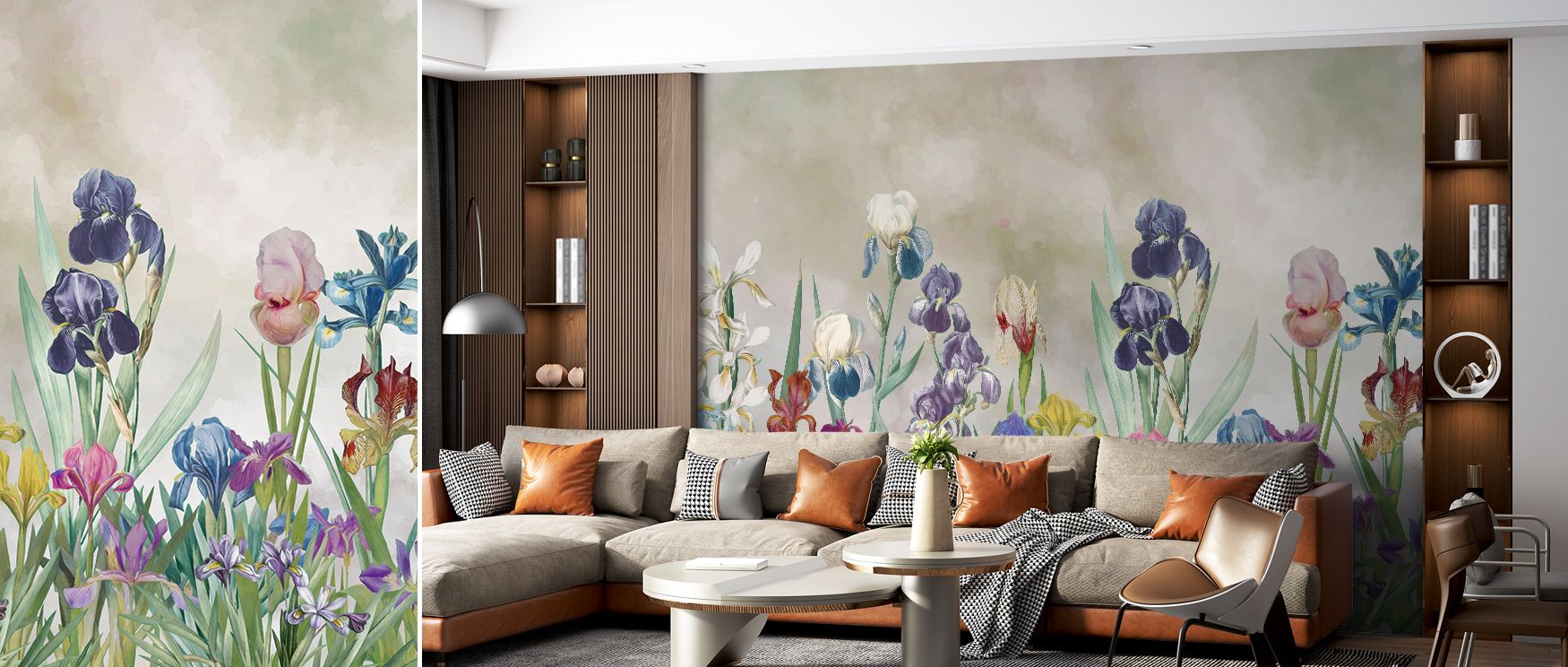 Iris Field Brown Wallpaper reflects luminous calm with blossoms shaded in earthy tones layered in floral artistry painted across balanced compositions. Dining rooms, bedrooms, or living rooms glow with refined brilliance, enriched by balance, floral charm