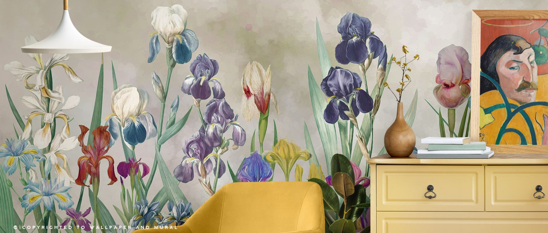 Iris Field Brown Wallpaper delivers refined beauty with blossoms shaded in amber and brown tones painted across rhythmic compositions of floral elegance. Bedrooms, dining rooms, or living rooms glow with luminous brilliance, enriched by balance, floral ca
