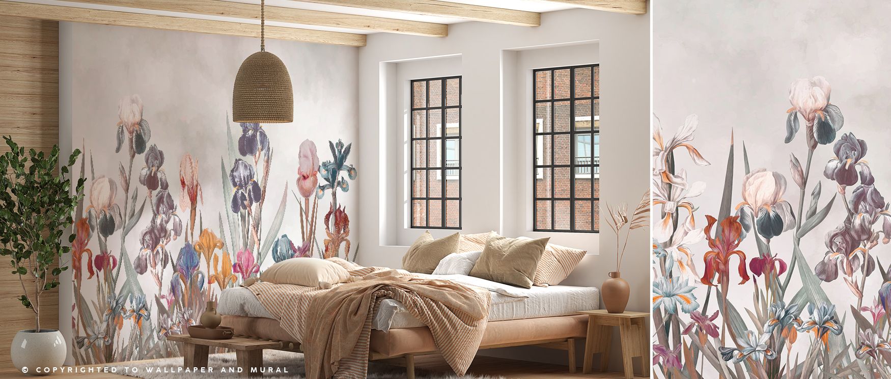 Iris Field Depth Wallpaper enhances interiors with blossoms shaded in earthy tones arranged in layered compositions that radiate depth. Living rooms, bedrooms, or offices glow with refined brilliance, enriched by floral artistry, luminous presence, and at
