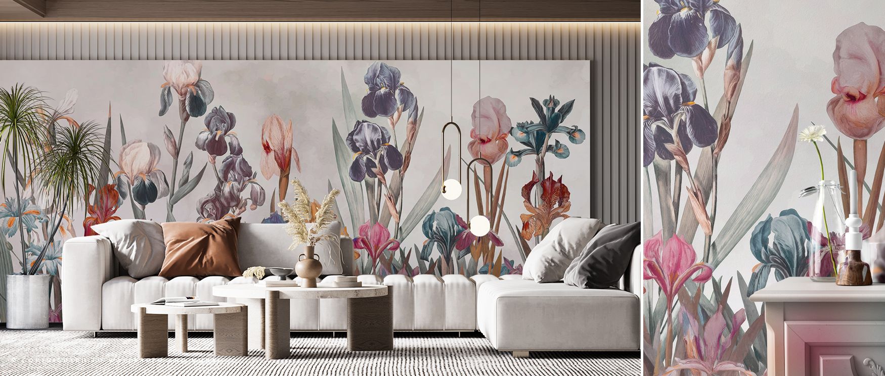 Iris Field Depth Wallpaper highlights natural artistry with blossoms shaded in amber tones layered in rhythmic detail painted with tonal brilliance. Offices, bedrooms, or living rooms glow with refined calm, enriched by serenity, floral charm, and atmosph