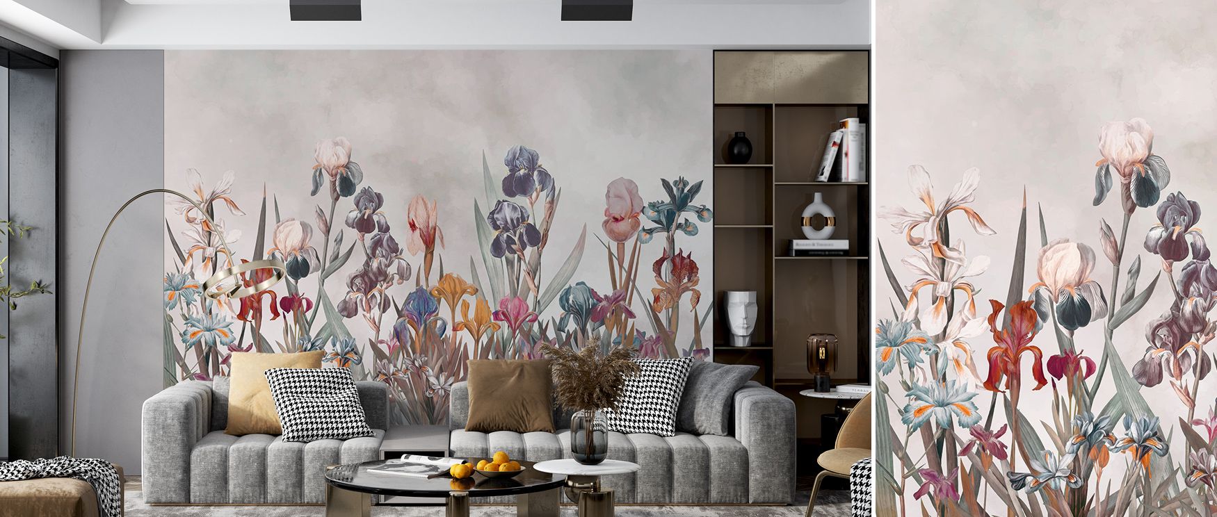 Iris Field Depth Wallpaper surrounds interiors with blossoms shaded in layered tones of amber and earth arranged in rhythmic harmony. Living rooms, bedrooms, or offices glow with refined brilliance, enriched by floral artistry, luminous calm, and atmosphe