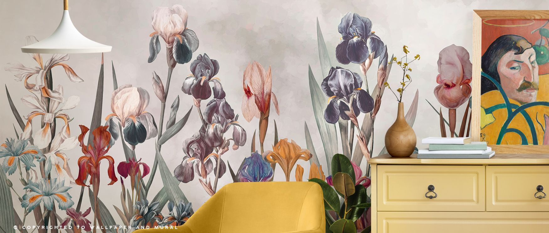 Iris Field Depth Wallpaper reflects floral presence with blossoms shaded in earthy tones arranged across rhythmic layers that radiate depth. Living rooms, offices, or bedrooms glow with refined brilliance, enriched by floral calm, luminous presence, and a