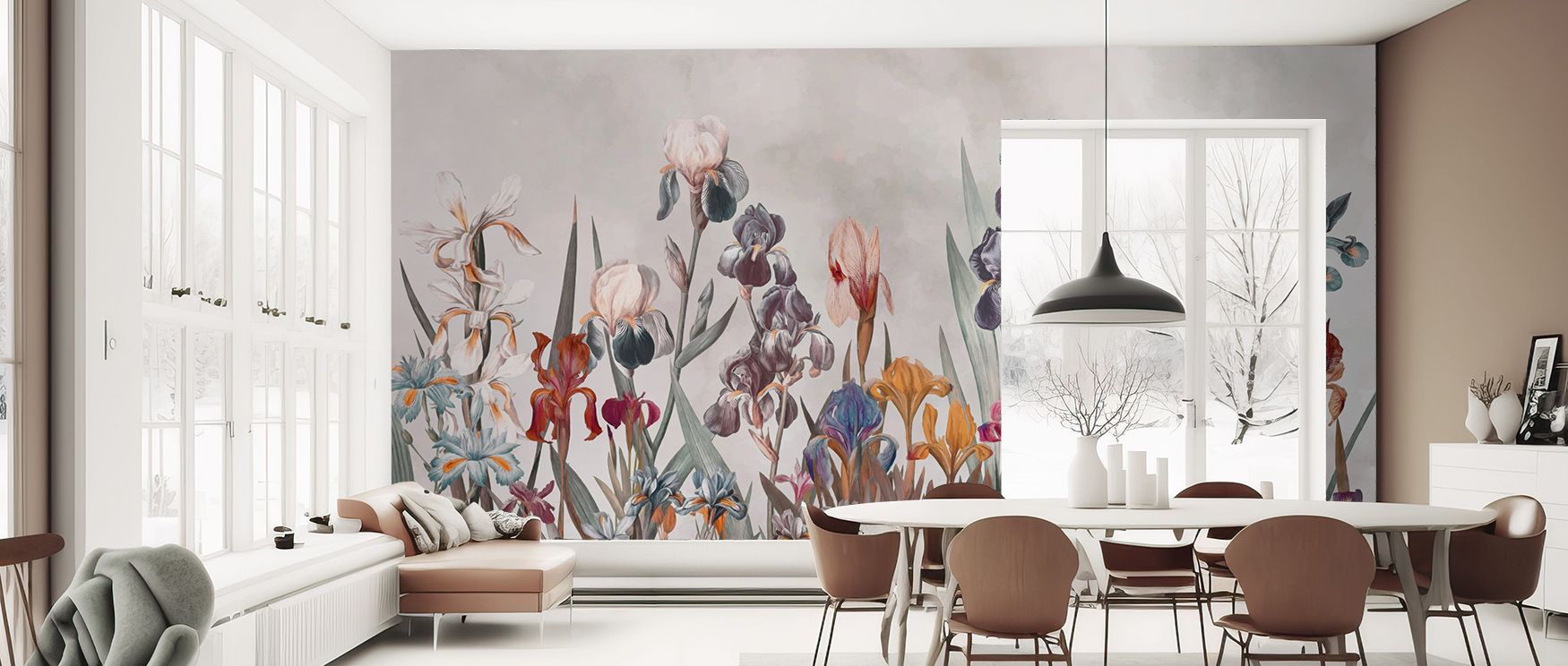 Iris Field Depth Wallpaper delivers brilliance with blossoms shaded in tonal layers of amber and brown arranged in rhythmic compositions. Bedrooms, offices, or living rooms glow with refined presence, enriched by floral calm, luminous artistry, and atmosp