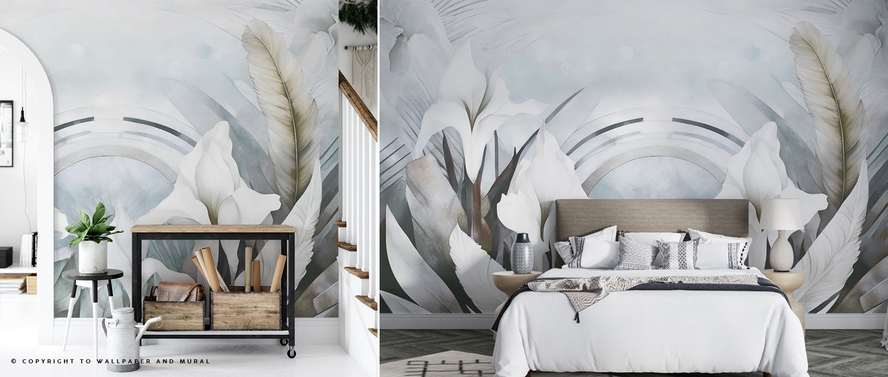 Irises and Feathers Mixed Blue Wallpaper spreads serene presence with blossoms shaded in cobalt arranged with feathers layered across rhythmic balance. Bedrooms, living rooms, or bathrooms glow with refined brilliance, enriched by floral artistry, luminou