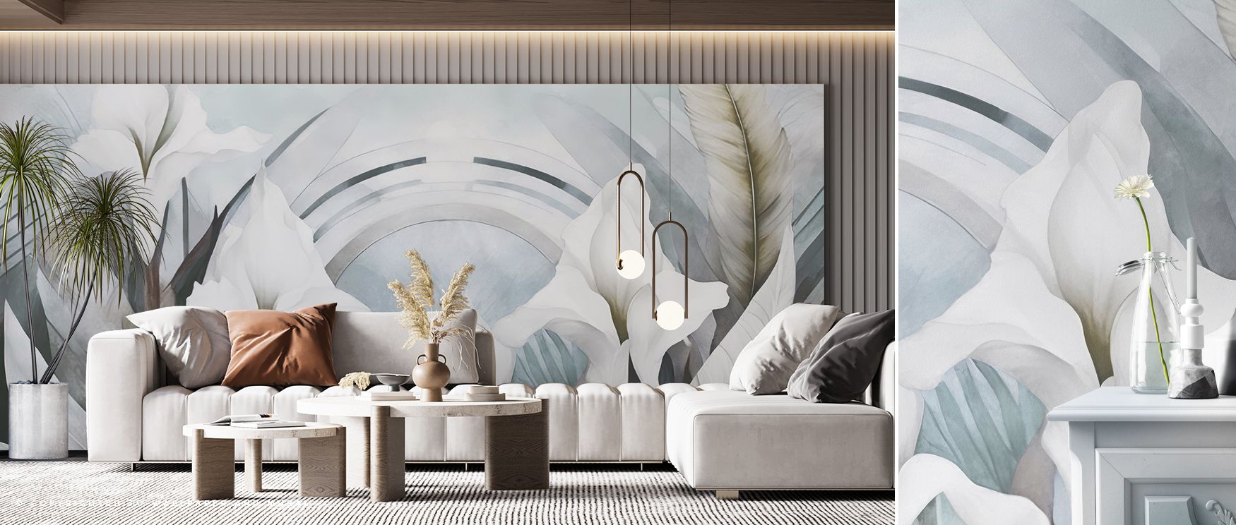 Irises and Feathers Mixed Blue Wallpaper highlights harmony with blossoms shaded in sapphire layered with feather motifs painted in luminous calm. Living rooms, bedrooms, or bathrooms glow with refined brilliance, enriched by serenity, floral artistry, an