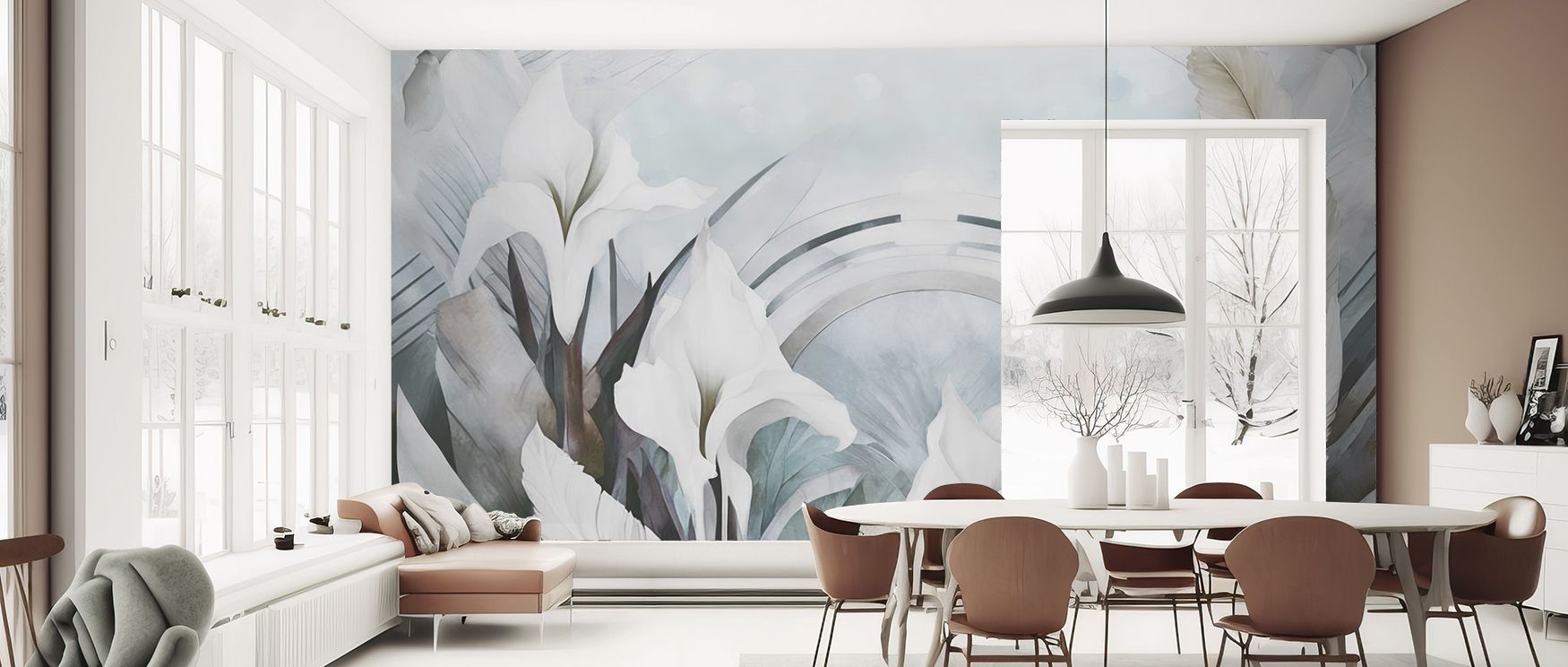 Irises and Feathers Mixed Blue Wallpaper delivers luminous charm with blossoms shaded in cobalt layered with feathers painted in balance. Living rooms, bathrooms, or bedrooms glow with refined brilliance, enriched by floral artistry, serenity, and atmosph