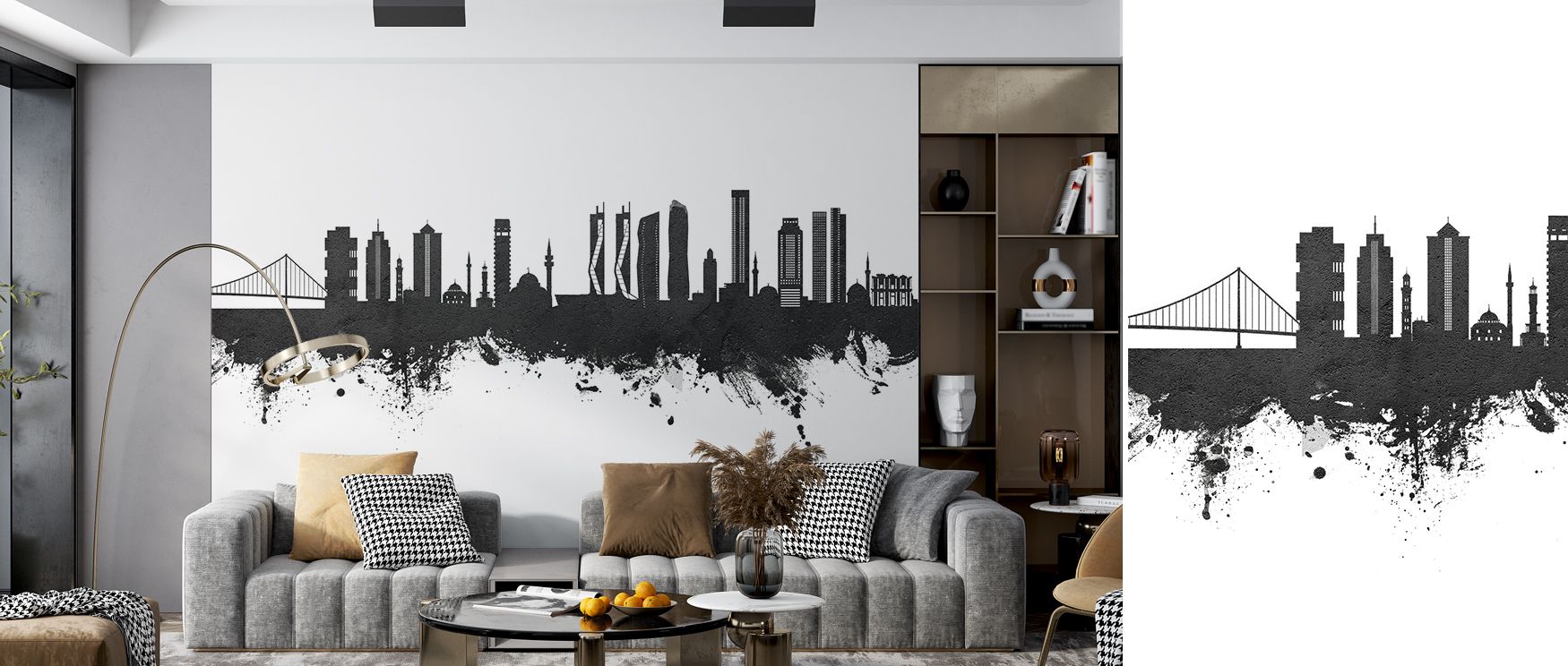Izmir Turkey Skyline Black & White Wallpaper surrounds interiors with luminous artistry shaded in gray and black layered across rhythmic compositions. Offices, bedrooms, or living rooms glow with refined brilliance, enriched by architectural brilliance, m