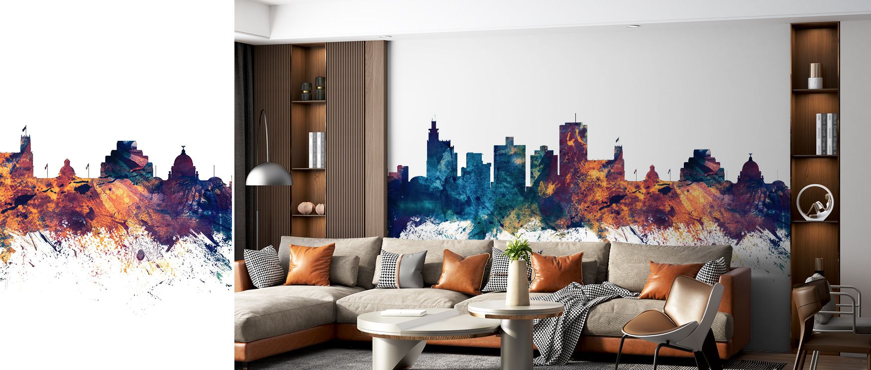 Jackson Mississippi Skyline Blue & Bronze Wallpaper reflects urban elegance with silhouettes shaded in blue and bronze tones layered in luminous calm. Living rooms or offices glow with refined brilliance, enriched by metropolitan charm, luminous detail, a