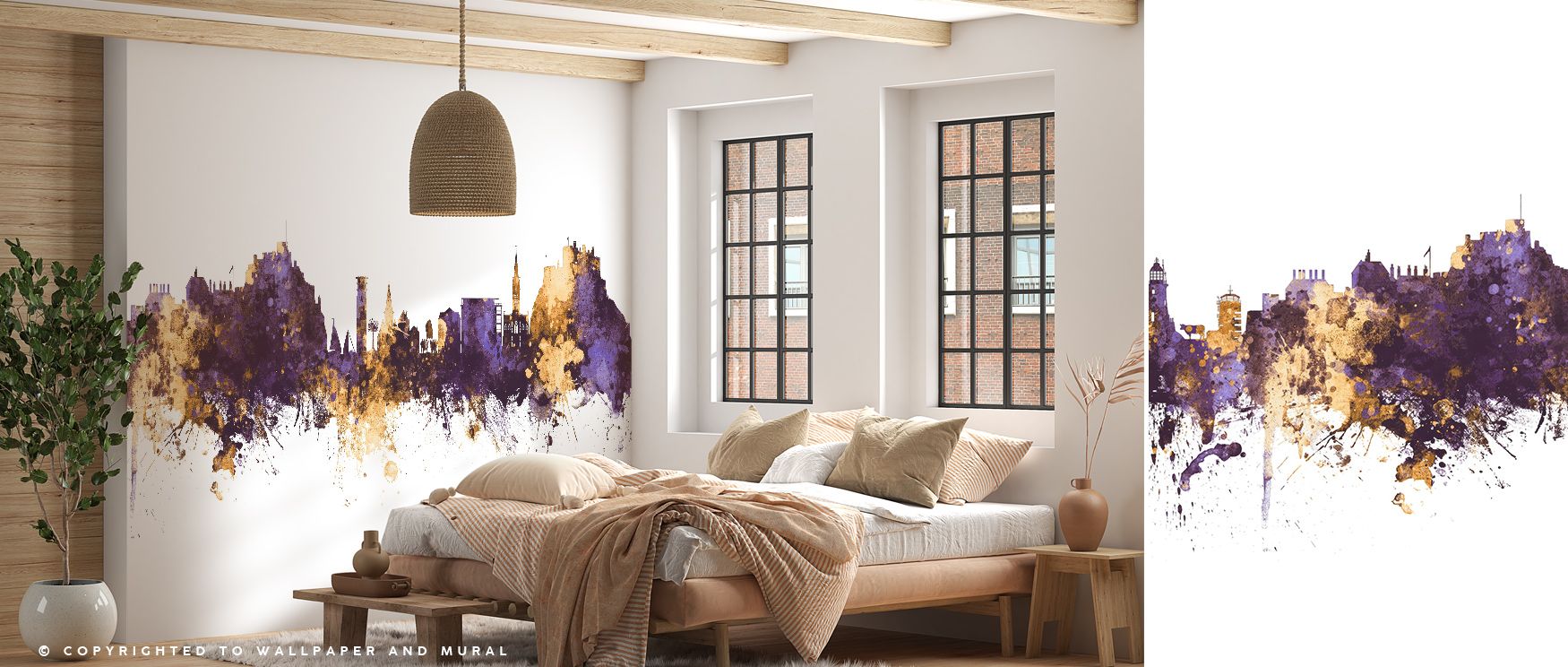 Jersey Channel Islands Skyline Purple & Gold Wallpaper enhances interiors with silhouettes shaded in golden hues arranged against purple tones painted in rhythmic balance. Bedrooms, offices, or living rooms glow with refined brilliance, enriched by lumino