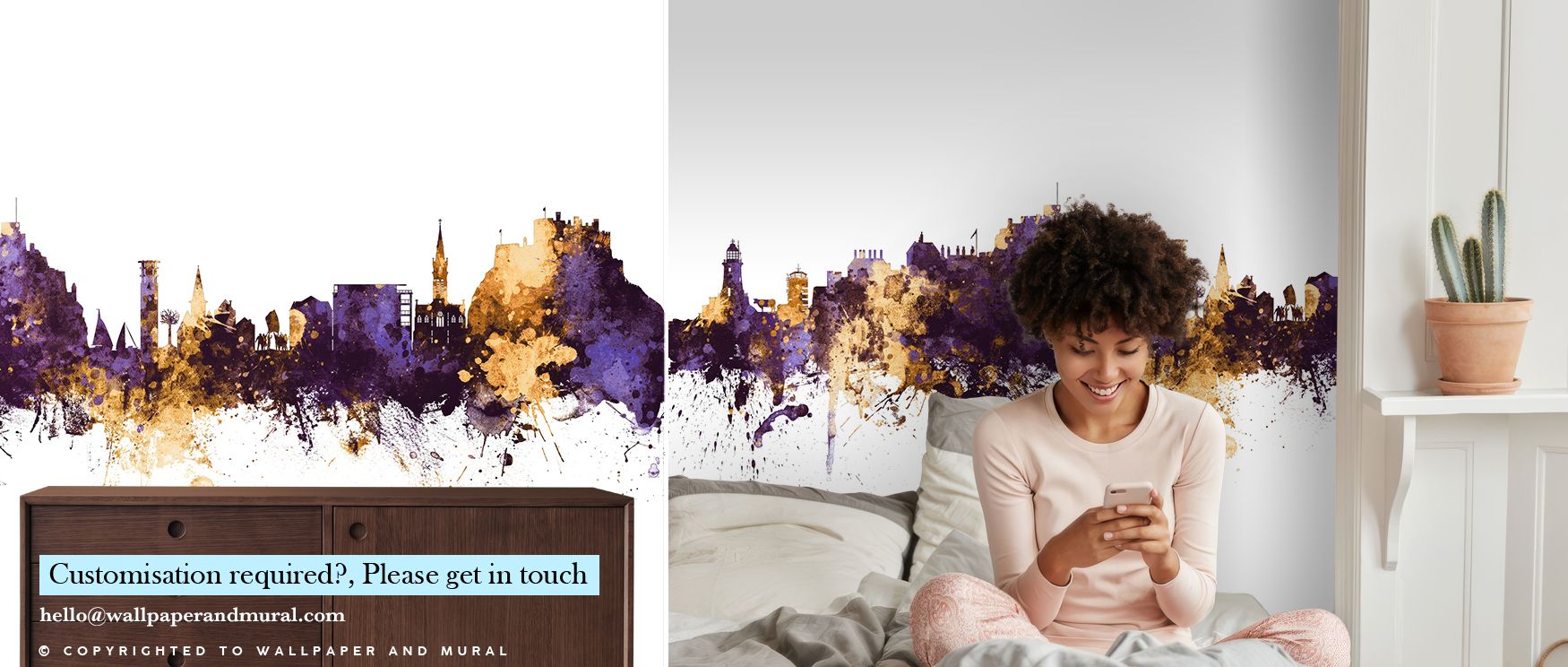 Jersey Channel Islands Skyline Purple & Gold Wallpaper enriches walls with skyline shaded in purple and gold layered in rhythmic detail. Living rooms, bedrooms, or offices glow with refined brilliance, enriched by luminous calm, architectural presence, an
