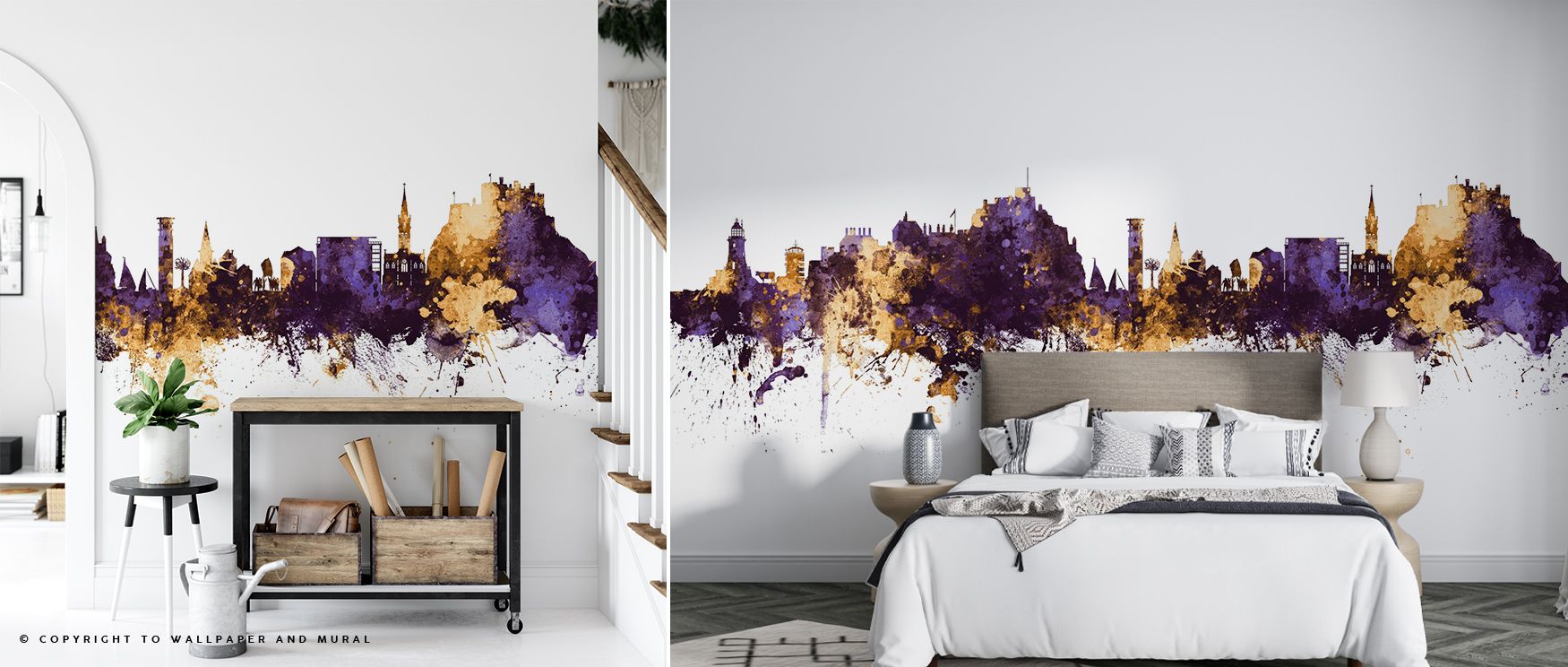 Jersey Channel Islands Skyline Purple & Gold Wallpaper spreads metropolitan presence with silhouettes shaded in golden and purple painted in layered artistry. Offices, living rooms, or bedrooms glow with refined brilliance, enriched by luminous calm, arch