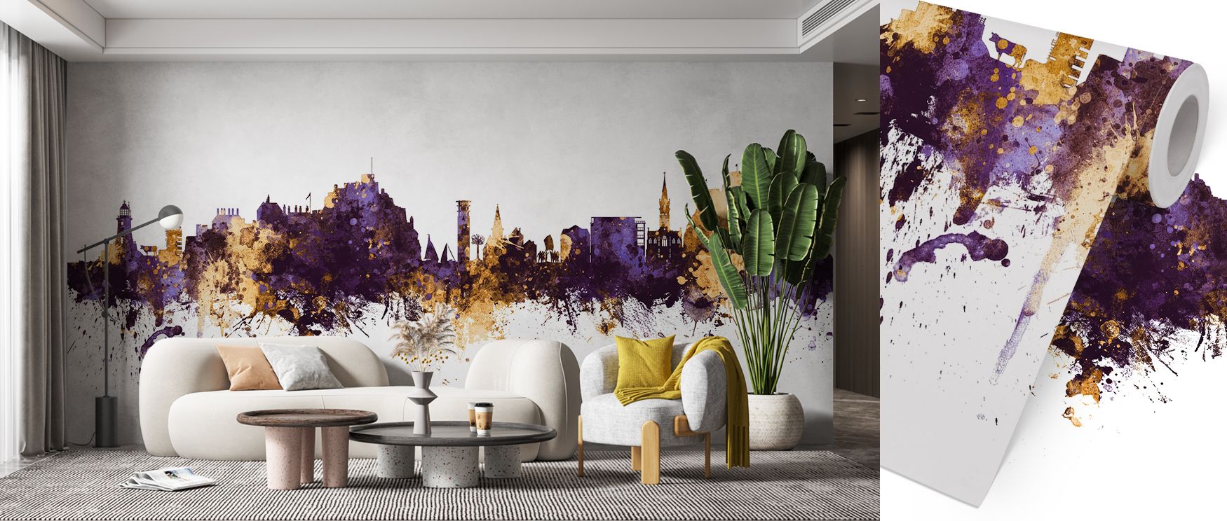 Jersey Channel Islands Skyline Purple & Gold Wallpaper carries luminous brilliance with skyline shaded in purple and gold tones painted with rhythmic charm. Bedrooms, living rooms, or offices glow with refined brilliance, enriched by metropolitan presence