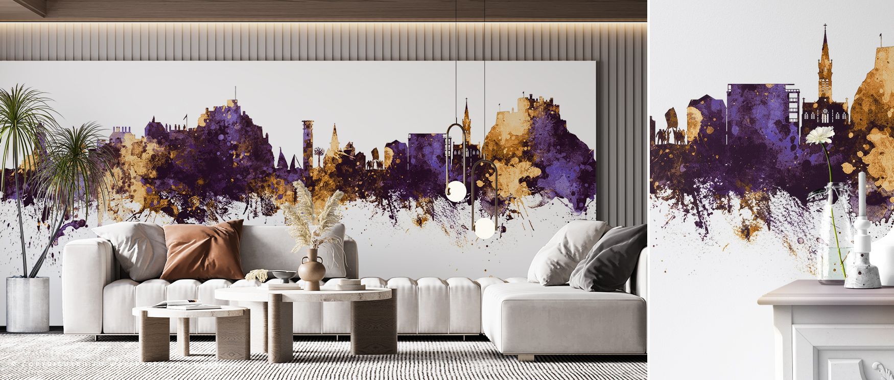 Jersey Channel Islands Skyline Purple & Gold Wallpaper highlights architectural artistry with silhouettes shaded in radiant purple and gold arranged across layered detail. Offices, bedrooms, or living rooms glow with refined brilliance, enriched by lumino
