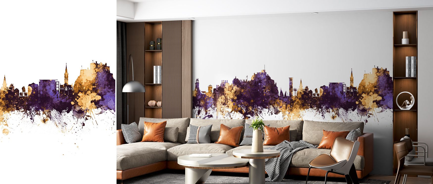 Jersey Channel Islands Skyline Purple & Gold Wallpaper reflects metropolitan brilliance with skyline shaded in golden tones layered against purple hues arranged in rhythmic calm. Living rooms, bedrooms, or offices glow with refined presence, enriched by l