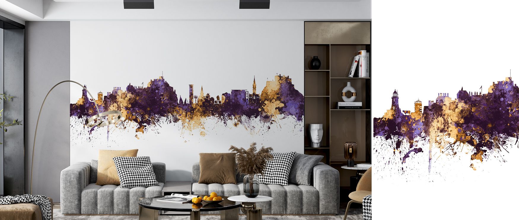 Jersey Channel Islands Skyline Purple & Gold Wallpaper surrounds interiors with metropolitan elegance painted in golden and purple tones layered across rhythmic detail. Living rooms, offices, or bedrooms glow with refined brilliance, enriched by luminous 