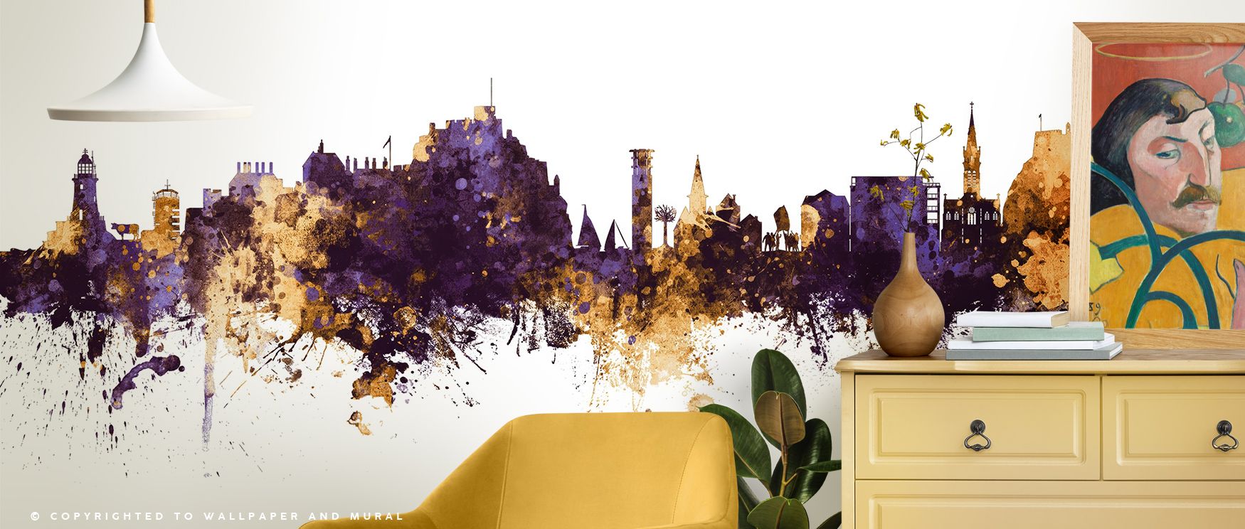 Jersey Channel Islands Skyline Purple & Gold Wallpaper delivers luminous calm with skyline shaded in golden and purple tones painted across rhythmic compositions. Offices, bedrooms, or living rooms glow with refined brilliance, enriched by architectural c