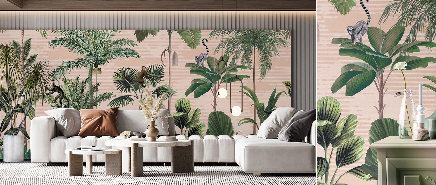 Jungle Delight, Sand Wallpaper highlights tropical vibrancy with foliage shaded in sandy hues arranged against leafy greens painted in rhythmic layers. Bedrooms, bathrooms, or living rooms glow with refined brilliance, enriched by luminous calm, natural a